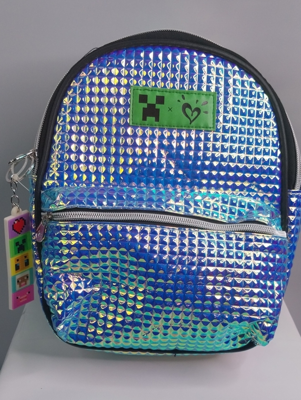 Justice Minecraft Kids Holographic Blue Mini Backpack with Pixel Patch